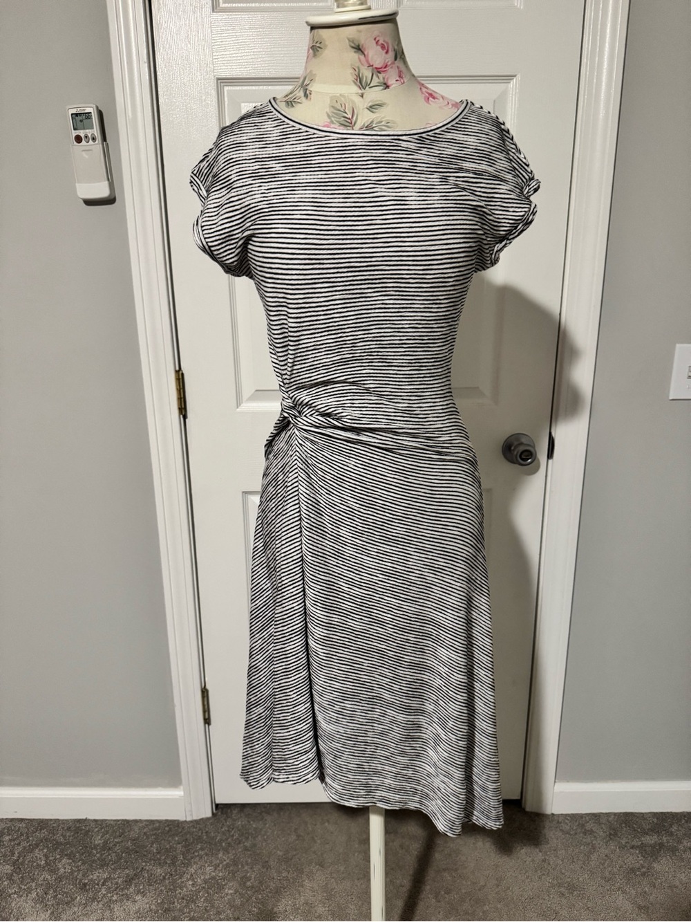 Max Studio Black and White Striped Tie-Detail Midi Dress